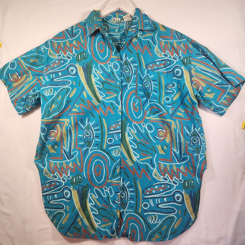 Ellis Street Vintage 80s Abstract Tribal Print Cotton Shirt Turquoise Womens S
